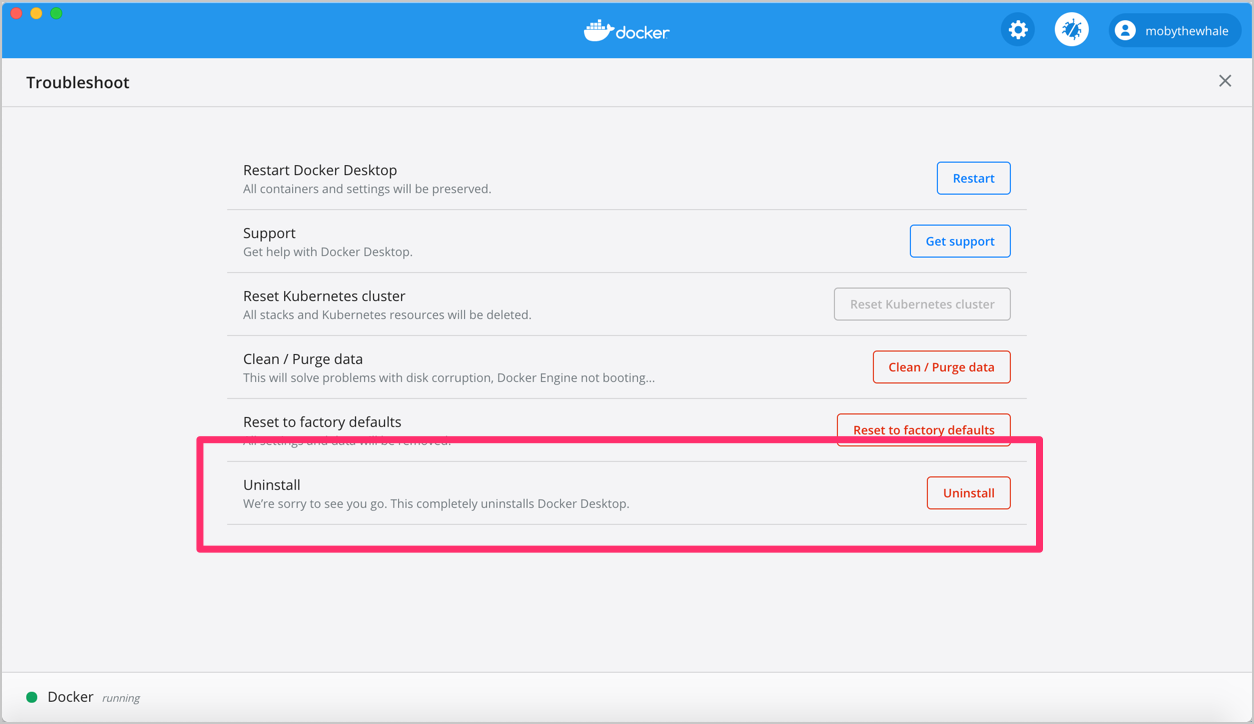 Docker desktop preferences dialog showing the uninstall button