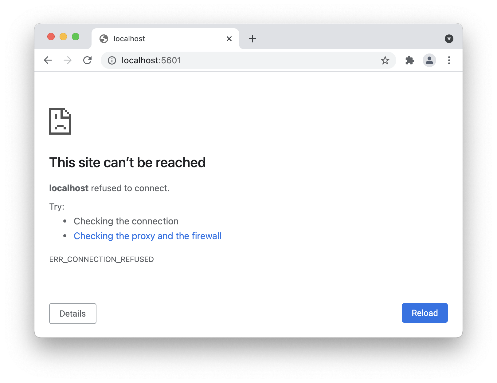 Browser showing no site at localhost:5601